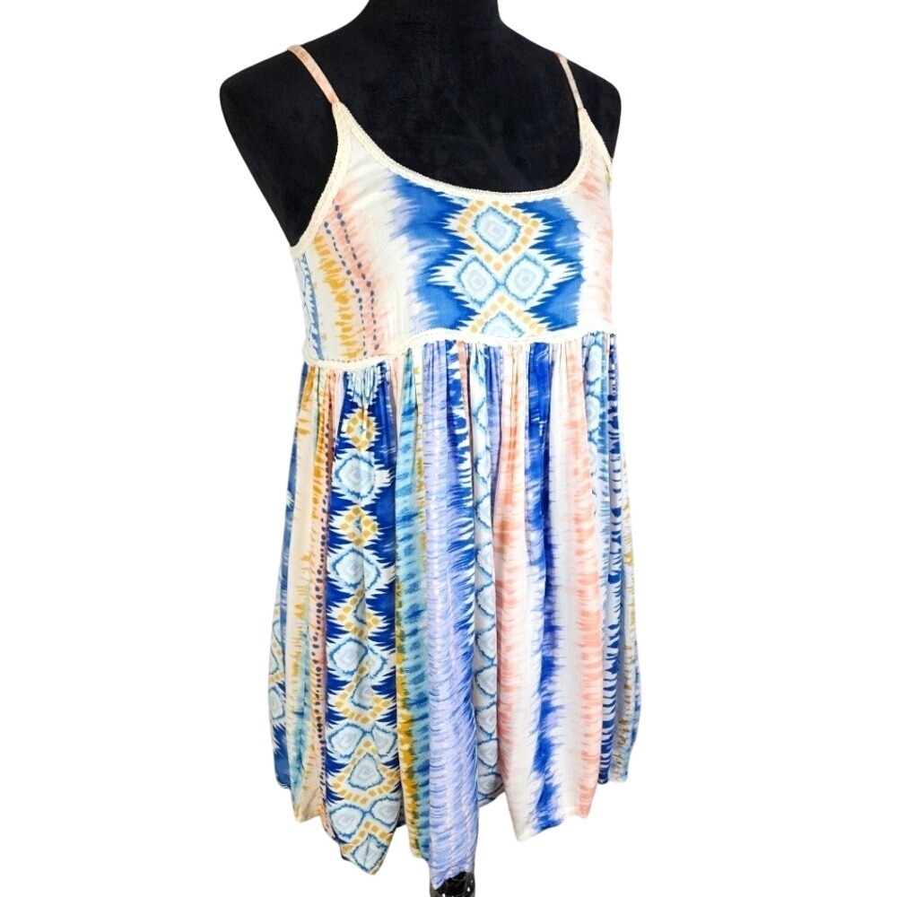 RAGA Flamingo Beach Swing Dress XS Anthropologie Tie Dye Boho Pleated Mini